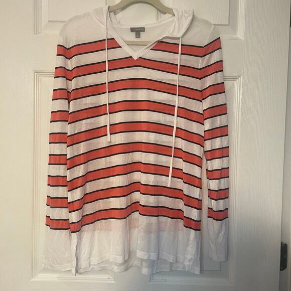 T by Talbots Tops - T by Talbots Sweatshirt Womens L White Navy Pink Striped Hooded Long Sleeve Top